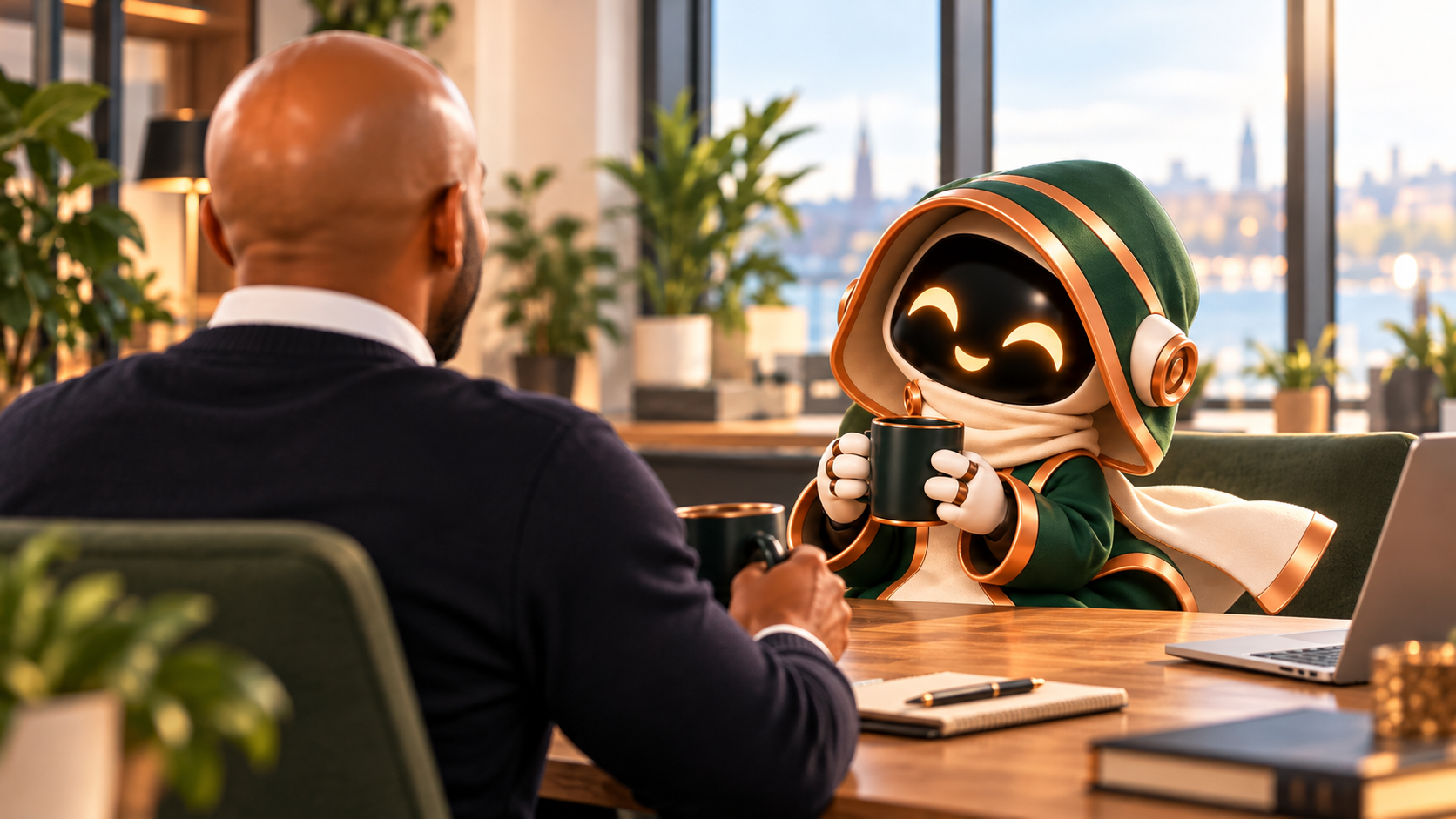 Casey i samtal över en kopp kaffe med personen bakom Next Case